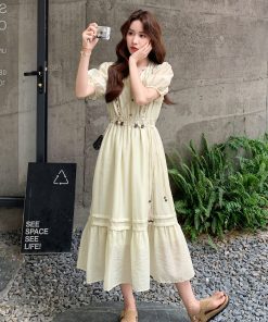 French-Style Puff Sleeve Dress for Women - 2025 Summer New Arrival, Waist-Cinching Slimming Long Dress for Petite Sizes