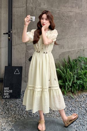 French-Style Puff Sleeve Dress for Women - 2025 Summer New Arrival, Waist-Cinching Slimming Long Dress for Petite Sizes