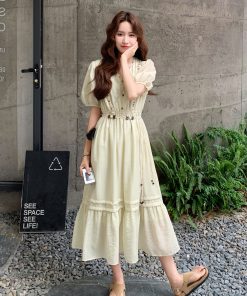French-Style Puff Sleeve Dress for Women - 2025 Summer New Arrival, Waist-Cinching Slimming Long Dress for Petite Sizes