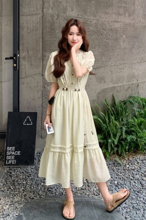 French-Style Puff Sleeve Dress for Women - 2025 Summer New Arrival, Waist-Cinching Slimming Long Dress for Petite Sizes