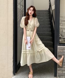 French-Style Puff Sleeve Dress for Women - 2025 Summer New Arrival, Waist-Cinching Slimming Long Dress for Petite Sizes
