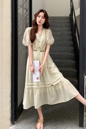French-Style Puff Sleeve Dress for Women - 2025 Summer New Arrival, Waist-Cinching Slimming Long Dress for Petite Sizes