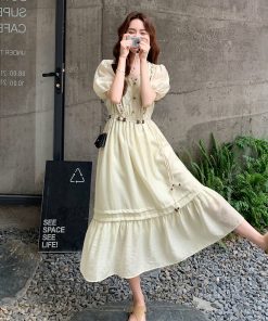 French-Style Puff Sleeve Dress for Women - 2025 Summer New Arrival, Waist-Cinching Slimming Long Dress for Petite Sizes