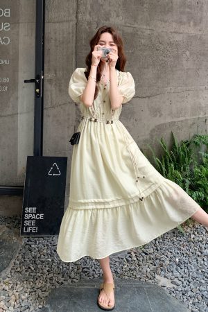 French-Style Puff Sleeve Dress for Women - 2025 Summer New Arrival, Waist-Cinching Slimming Long Dress for Petite Sizes