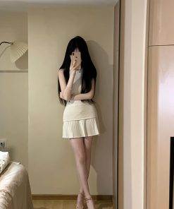 French-Style Pure Desire Dress Set for Women - Slim Fit Sleeveless Vest Top with Pleated Short Skirt - Chic Summer Fashion
