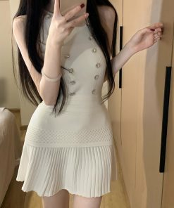 French-Style Pure Desire Dress Set for Women - Slim Fit Sleeveless Vest Top with Pleated Short Skirt - Chic Summer Fashion