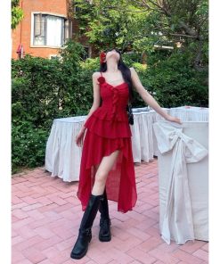 French-Style Pure Desire Red Irregular Strap Dress with Unique Waistline - Vacation Long Dress for Women