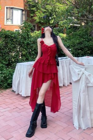French-Style Pure Desire Red Irregular Strap Dress with Unique Waistline - Vacation Long Dress for Women