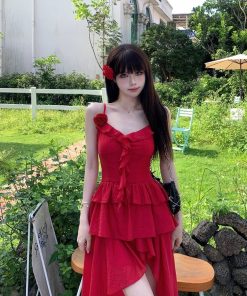 French-Style Pure Desire Red Irregular Strap Dress with Unique Waistline - Vacation Long Dress for Women