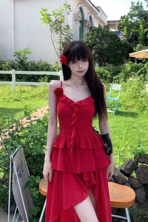 French-Style Pure Desire Red Irregular Strap Dress with Unique Waistline - Vacation Long Dress for Women