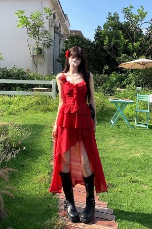 French-Style Pure Desire Red Irregular Strap Dress with Unique Waistline - Vacation Long Dress for Women