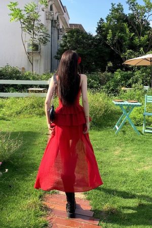 French-Style Pure Desire Red Irregular Strap Dress with Unique Waistline - Vacation Long Dress for Women