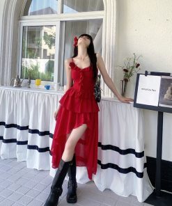 French-Style Pure Desire Red Irregular Strap Dress with Unique Waistline - Vacation Long Dress for Women