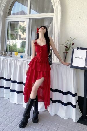 French-Style Pure Desire Red Irregular Strap Dress with Unique Waistline - Vacation Long Dress for Women