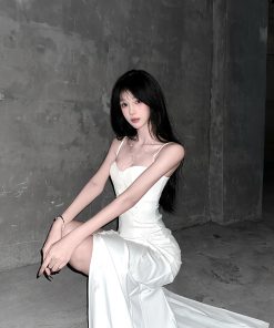 French-Style Pure Desire White Floral Split Strap Dress for Women - Elegant Summer Long Skirt in Trendy Design