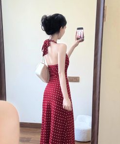 French-Style Red Polka Dot V-Neck Halter Dress for Women, Backless Sleeveless Long Summer Dress, Perfect for Y2K and Vintage Vibes