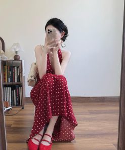 French-Style Red Polka Dot V-Neck Halter Dress for Women, Backless Sleeveless Long Summer Dress, Perfect for Y2K and Vintage Vibes