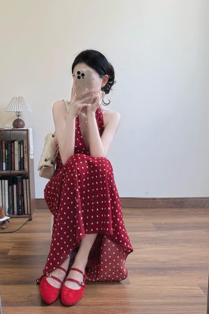 French-Style Red Polka Dot V-Neck Halter Dress for Women, Backless Sleeveless Long Summer Dress, Perfect for Y2K and Vintage Vibes
