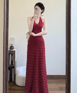 French-Style Red Polka Dot V-Neck Halter Dress for Women, Backless Sleeveless Long Summer Dress, Perfect for Y2K and Vintage Vibes