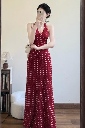 French-Style Red Polka Dot V-Neck Halter Dress for Women, Backless Sleeveless Long Summer Dress, Perfect for Y2K and Vintage Vibes