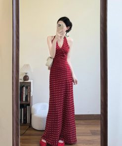 French-Style Red Polka Dot V-Neck Halter Dress for Women, Backless Sleeveless Long Summer Dress, Perfect for Y2K and Vintage Vibes