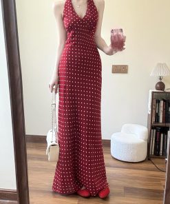 French-Style Red Polka Dot V-Neck Halter Dress for Women, Backless Sleeveless Long Summer Dress, Perfect for Y2K and Vintage Vibes