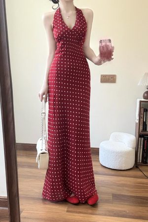 French-Style Red Polka Dot V-Neck Halter Dress for Women, Backless Sleeveless Long Summer Dress, Perfect for Y2K and Vintage Vibes