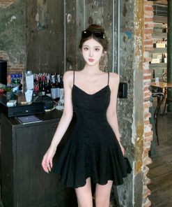 French-Style Sexy Black Spaghetti Strap Dress for Women â€“ Fitted Waist, Slim Short Skirt, Perfect for Summer Fashion