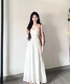 French-Style Sexy Butterfly Jacquard Camisole Dress for Women, Waist-Cinching A-Line Long Skirt, Elegant Summer Fashion