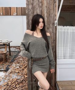 French-Style Sexy Sweater Dress Set for Women, Waist Design & Strap Short Skirt, Autumn Winter Fashion