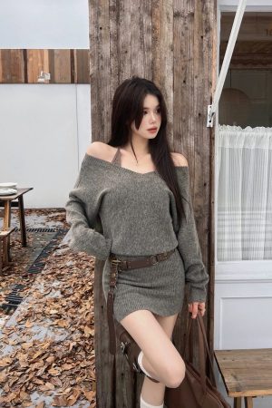 French-Style Sexy Sweater Dress Set for Women, Waist Design & Strap Short Skirt, Autumn Winter Fashion