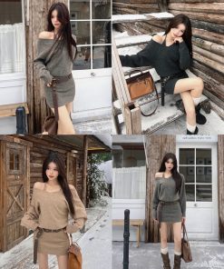 French-Style Sexy Sweater Dress Set for Women, Waist Design & Strap Short Skirt, Autumn Winter Fashion
