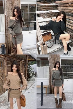 French-Style Sexy Sweater Dress Set for Women, Waist Design & Strap Short Skirt, Autumn Winter Fashion