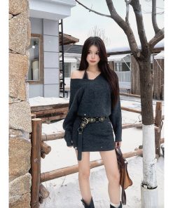 French-Style Sexy Sweater Dress Set for Women, Waist Design & Strap Short Skirt, Autumn Winter Fashion