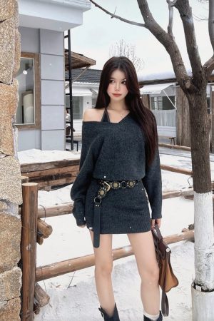 French-Style Sexy Sweater Dress Set for Women, Waist Design & Strap Short Skirt, Autumn Winter Fashion