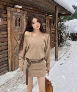 French-Style Sexy Sweater Dress Set for Women, Waist Design & Strap Short Skirt, Autumn Winter Fashion