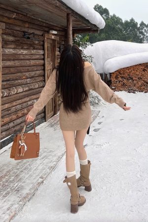 French-Style Sexy Sweater Dress Set for Women, Waist Design & Strap Short Skirt, Autumn Winter Fashion