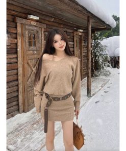 French-Style Sexy Sweater Dress Set for Women, Waist Design & Strap Short Skirt, Autumn Winter Fashion