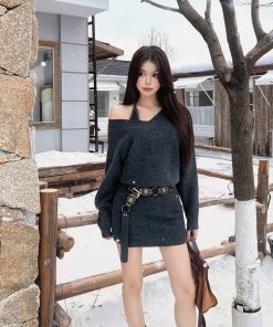 French-Style Sexy Sweater Dress Set for Women, Waist Design & Strap Short Skirt, Autumn Winter Fashion
