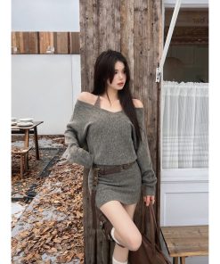 French-Style Sexy Sweater Dress Set for Women, Waist Design & Strap Short Skirt, Autumn Winter Fashion