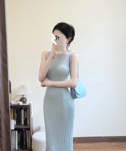 French-Style Sleeveless Bodycon Dress for Women - Waist-Cinching Fit, Elegant Long Skirt, Summer Fashion