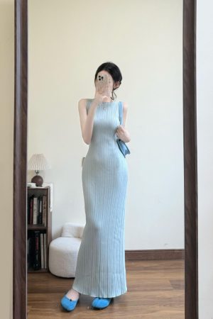 French-Style Sleeveless Bodycon Dress for Women - Waist-Cinching Fit, Elegant Long Skirt, Summer Fashion