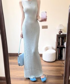 French-Style Sleeveless Bodycon Dress for Women - Waist-Cinching Fit, Elegant Long Skirt, Summer Fashion