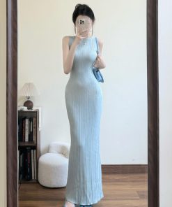French-Style Sleeveless Bodycon Dress for Women - Waist-Cinching Fit, Elegant Long Skirt, Summer Fashion