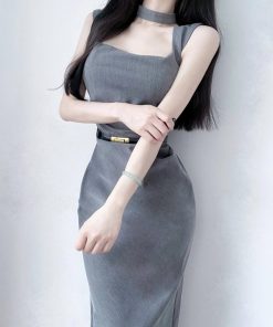 French Style Sleeveless Gray Bodycon Dress for Women with Waist-Cinching Design, Side Slit, and Square Neckline for Summer