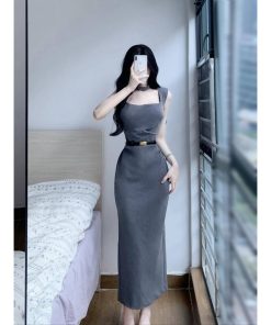 French Style Sleeveless Gray Bodycon Dress for Women with Waist-Cinching Design, Side Slit, and Square Neckline for Summer