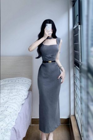 French Style Sleeveless Gray Bodycon Dress for Women with Waist-Cinching Design, Side Slit, and Square Neckline for Summer
