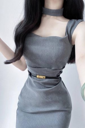 French Style Sleeveless Gray Bodycon Dress for Women with Waist-Cinching Design, Side Slit, and Square Neckline for Summer