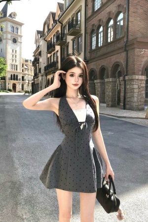 French-Style Sleeveless Polka Dot Halter Dress for Women, Backless with Fitted Waist and Tie-Up Short Skirt, Perfect for Summer Events