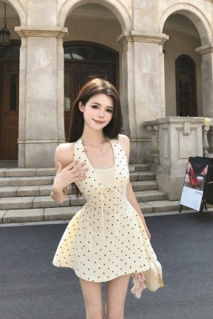French-Style Sleeveless Polka Dot Halter Dress for Women, Backless with Fitted Waist and Tie-Up Short Skirt, Perfect for Summer Events
